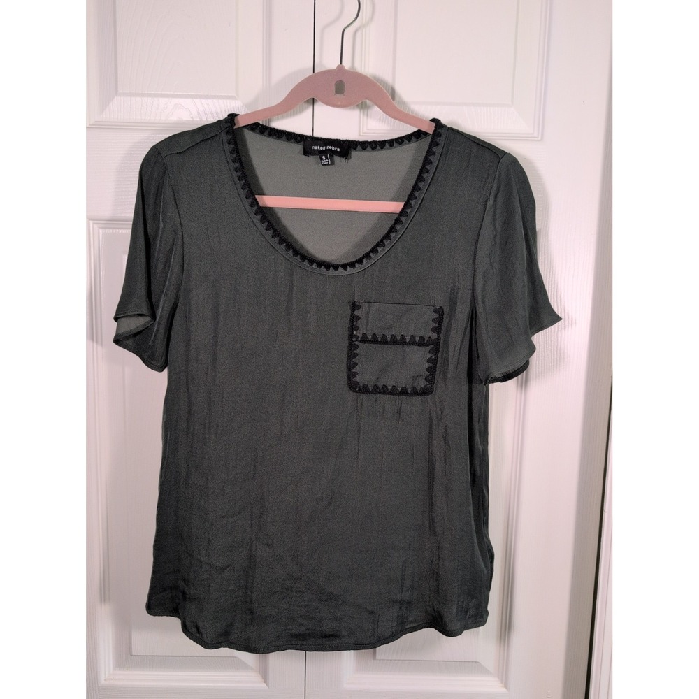 NAKED ZEBRA Army Green And Black Embroidered Small Blouse
